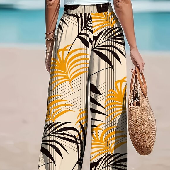 Women’s Tropical Palm Leaf Wide-Leg Pants – Size L - Picture 2 of 6